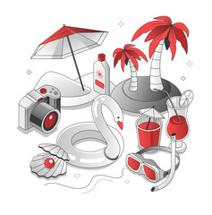 Sea vacation - isometric black and red line illustration. Clean, stylish art with thin fine design. Rest in a warm country next to the water. Sandy beach, sun, island, diving, relaxation
