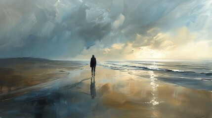 A man walking alone on a beach at sunset. - obrazy, fototapety, plakaty