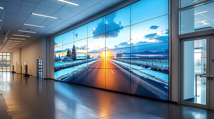 A large digital wall screen in an office displayed a road in the background, The big LED display with a white frame around the edges. Generative AI. - Powered by Adobe