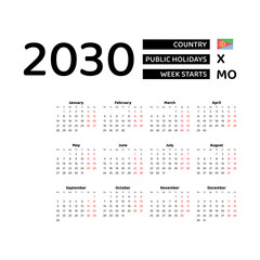 Calendar 2030 English language with Eritrea public holidays. Week starts from Monday. Graphic design vector illustration.