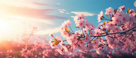 Blossoming cherry or almond tree tops with pink flowers on nature background with blurred blue sky,...
