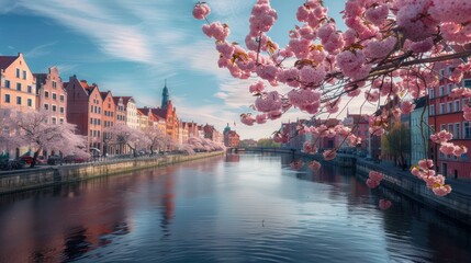 Gdansk, Poland - April 3, 2024: Spring flowers blooming on the trees over the Motlawa river in Gdansk. Poland - obrazy, fototapety, plakaty