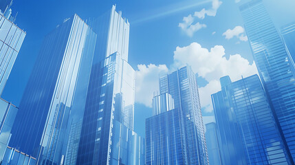 Obraz premium Picture the urban sophistication of a skyline featuring reflective glass skyscrapers and office buildings against a canvas of clear blue sky and wispy clouds. 