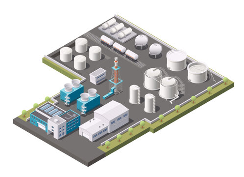 recommend clip art: Factory buildings isometric concept. Petroleum industry oil refinery plant with chemical equipment, pipeline and storage tanks. Vector illustration. Manufacturing and storing in hangar