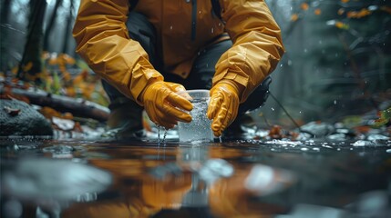 Close up of hands smart male scientist wearing a quarantine water, squatting take water samples from a polluted river, gloves and a test tube checks the quality of water in a river. Generative AI.