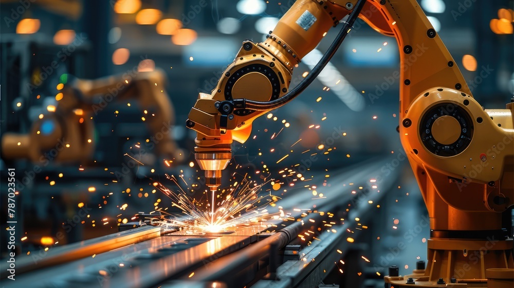 Poster industrial robots welding with sparks, depicting advanced manufacturing automation, high resolution,