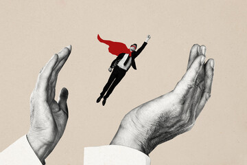 Composite photo collage of superhero businessman fly hand catch clap fans promotion career development isolated on painted background © deagreez