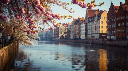 Gdansk, Poland - April 3, 2024: Spring flowers blooming on the trees over the Motlawa river in Gdansk. Poland - obrazy, fototapety, plakaty