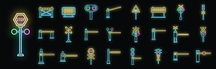 Railroad barrier icons set outline vector. Crossing railway. Sign barrier neon color on black