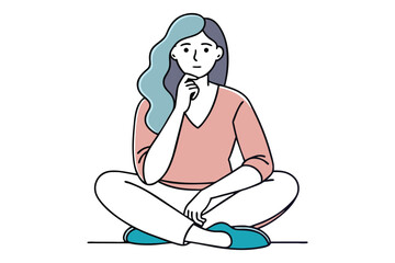 A girl sitting ground and thinking doodle line art illustration on white background.