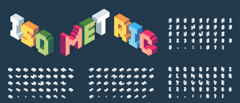 Isometric font. Futuristic 3D alphabet with colorful geometric shapes, modern cubical letters for alphabet poster design. Vector colorful typeface set. Modern latin abs and punctuation marks