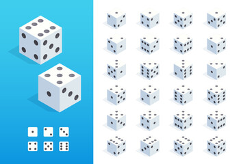 Isometric dice. 3D random roll of casino game elements, gambling and risk concept, poker and craps board game asset. Vector isolated set. Realistic cubes with black dots showing numbers