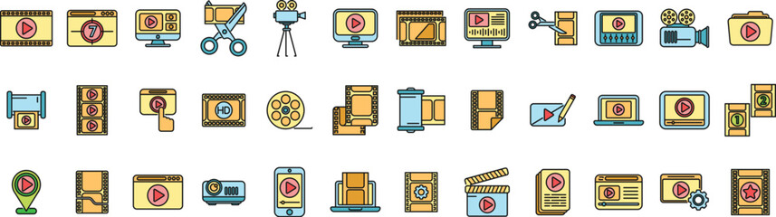 Clip montage icons set outline vector. Studio film. Movie production thin line color flat on white