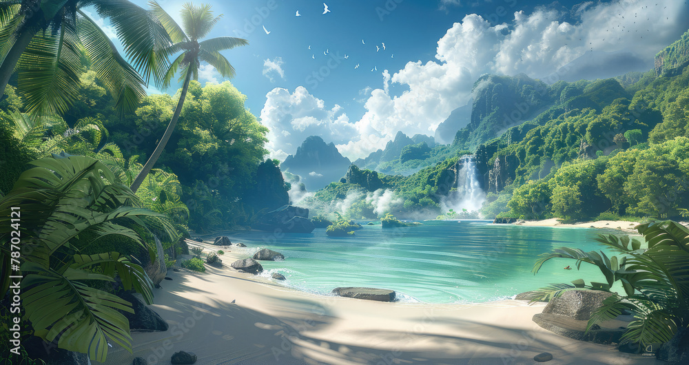 Aufkleber a tropical jungle and beach with mountains and waterfalls. generative ai.
