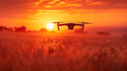 A drone flies over a field at sunset