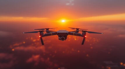 Fototapeta na wymiar A drone flies over a field at sunset