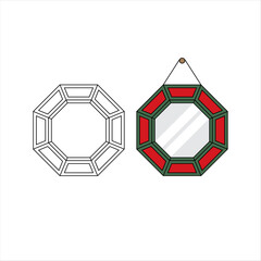 Mirror Style Glass Frame Hexagon Ornate Decor Decorative Asian Oriental Hanging Reflection Outline Red Green Design Illustration