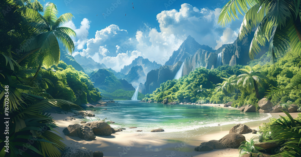 Poster a tropical jungle and beach with mountains and waterfalls. generative ai.