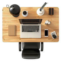 Top view of wooden office desktop with devices and other items. Concrete flooring background. 3D Rendering isolated on a Transparent Background. Generative AI