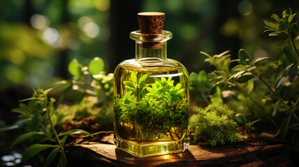 Herbal Essence Oil in Glass Bottle Amidst Lush Greenery.Generative ai. - obrazy, fototapety, plakaty