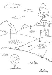 Golf course graphic black white landscape vertical sketch illustration vector 