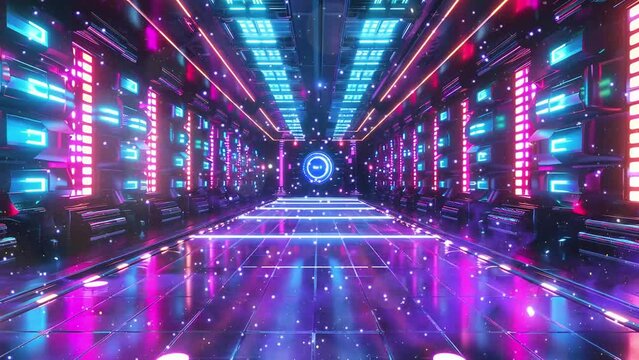 cyberpunk ballroom within a futuristic metropolis illustration. seamless looping overlay 4k virtual video animation background