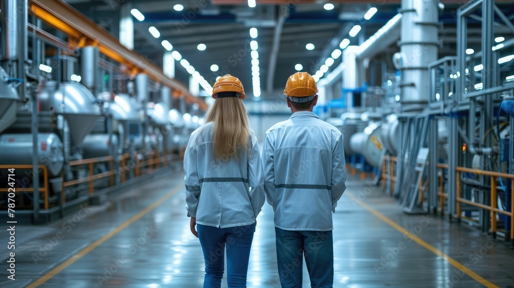 Poster Workers and consultants in a modern factory doing industrial asset management. Generative AI.