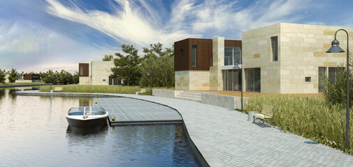 Design of a new housing development integrated into a water and park landscape - 3D visualization - 787024907