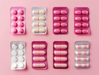 Assorted Pink and White Pills in Blister Packs on a Pastel Pink Background