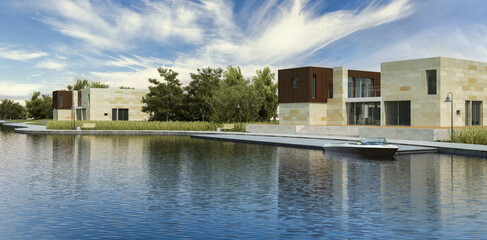 Design of a new housing development integrated into a water and park landscape - 3D visualizationd - 787024970