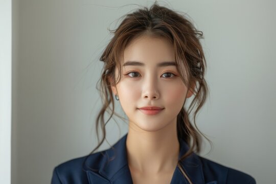 A crisp image of a Korean girl with her hair tied back, wearing a classic navy blue K-pop suit, her cheerful demeanor captured against a stark white studio background
