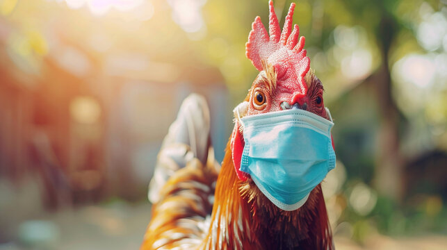 chickens wearing a blue pandemic face mask, avian flu, concept