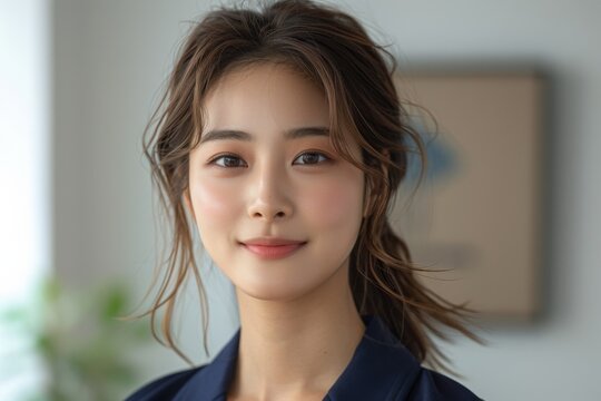 A crisp image of a Korean girl with her hair tied back, wearing a classic navy blue K-pop suit, her cheerful demeanor captured against a stark white studio background