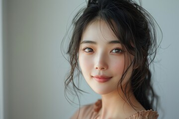 A serene portrait of a Korean girl with her hair stylishly up, dressed in a soft peach K-pop blouse, her smile subtle and sweet against a clean white background