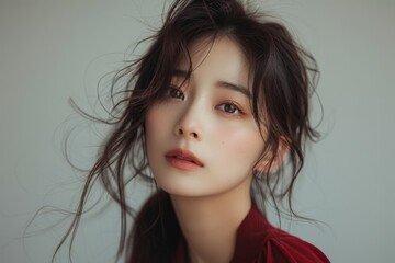 A sophisticated portrait of a Korean girl with her hair neatly styled up, wearing a rich burgundy K-pop jacket, her smile gentle and inviting against a white backdrop