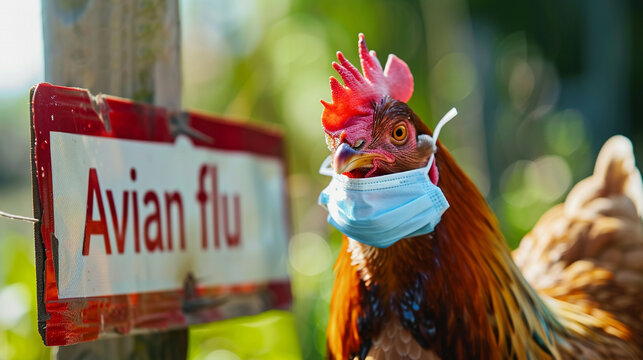chickens wearing a blue pandemic face mask, avian flu, concept