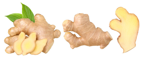 Fresh ginger rhizome and slice, Half ginger isolated, transparent PNG, collection, PNG format, cut...