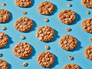 Fototapeta na wymiar Homemade Oatmeal Cookies with Chocolate Chips and Nuts on a Blue Background