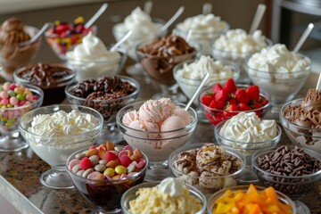  ice cream sundae bar with various toppings like chocolate sauce, whipped cream, nuts, and candies.