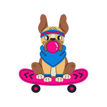 French bulldog blowing bubble gum riding on skateboard. Trendy vector illustration of funny cool puppy in colorful 90s fashion clothes sitting on penny board