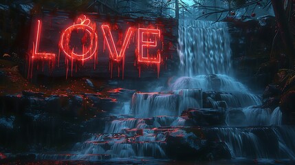a LOVE printed banner against a backdrop of cascading waterfalls and misty mountains, capturing the timeless beauty and serenity of nature's embrace, in breathtaking 8k realism.