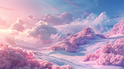 Step into a captivating 3D-rendered surreal pastel landscape background, crafted by Generative AI,...