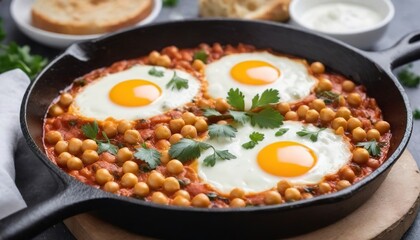 Shakshuka with chickpeas in a cast iron skillet