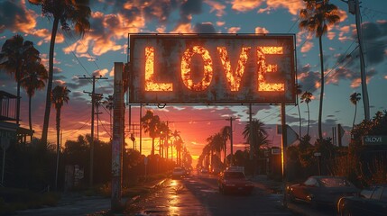 a LOVE printed banner set against a backdrop of a golden sunset and silhouetted palm trees, radiating warmth and passion, in cinematic 8k high resolution.