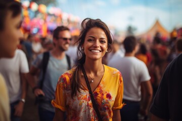 Portrait of a grinning woman in her 30s wearing a simple cotton shirt in front of vibrant festival...