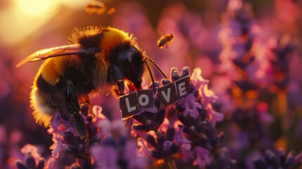 a LOVE printed banner surrounded by blooming fields of lavender and buzzing bees, capturing the beauty and tranquility of a summer romance, in stunning 8k full ultra HD.