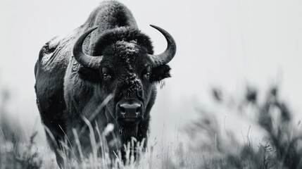 Black and white buffalo in its natural habitat - obrazy, fototapety, plakaty