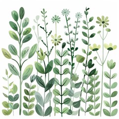 A variety of green plants and flowers with a white background. - obrazy, fototapety, plakaty