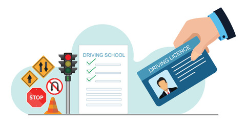 Human hand holding driver license card. - obrazy, fototapety, plakaty