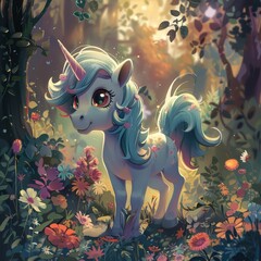 A unicorn with blue hair and a pink horn is standing in a field of flowers.